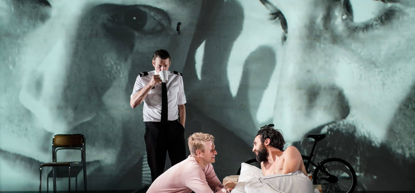   Christoph Gawenda, Laurenz Laufenberg, and Renato Schuch in Thomas Ostermeier’s stage version of Édouard Louis‘ Histoire de la violence at Schaubühne Berlin (2018), ©Arno Declair